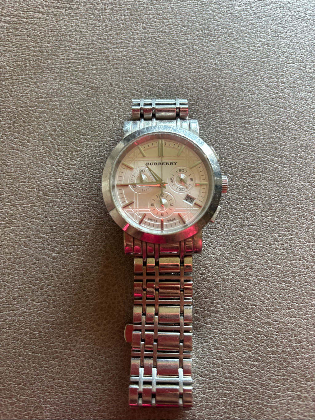 Burberry Silver Metal Chronograph Watch With White Dial